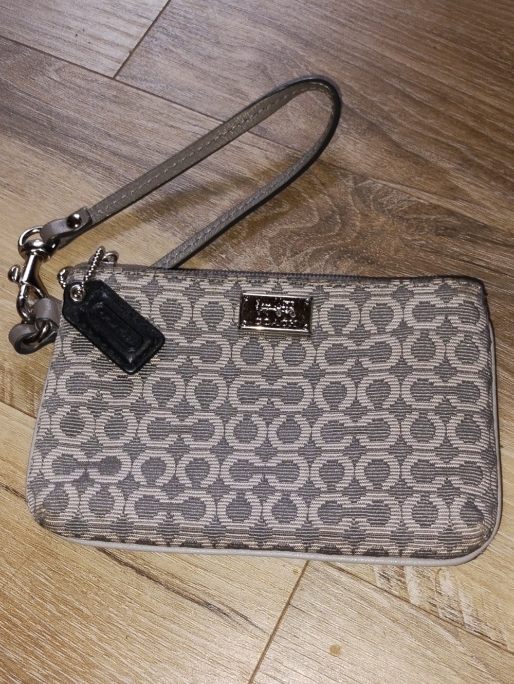Coach Gray Taupe Signature Wristlet with Leather Strap